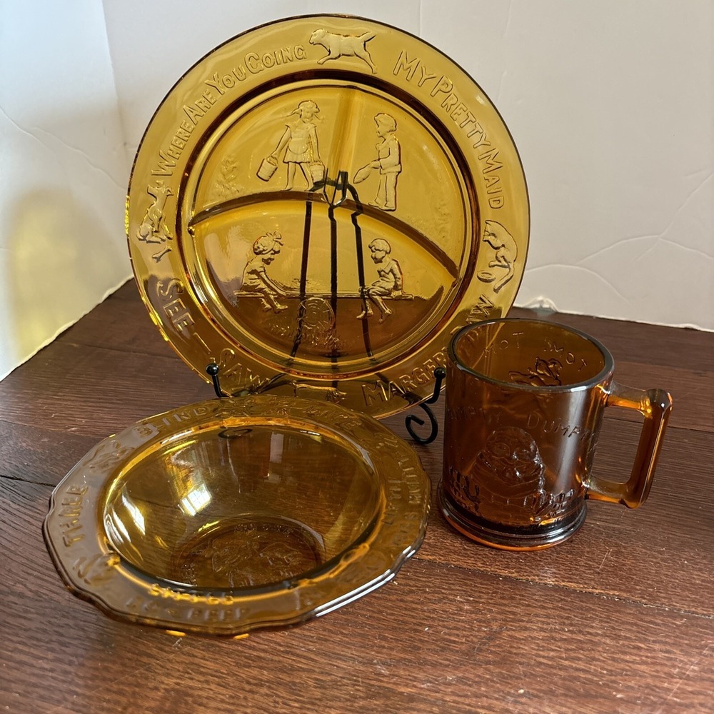 Vintage Indiana Glass‎ for Tiara 3 Piece Amber Child's Nursery Rhyme Dish Set